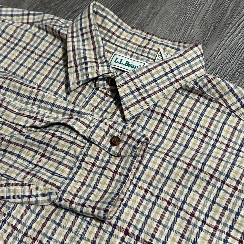 Vintage L.L. Bean Button Up Shirt XL Tall Tan Plaid Long Sleeve Cotton Blend XLT